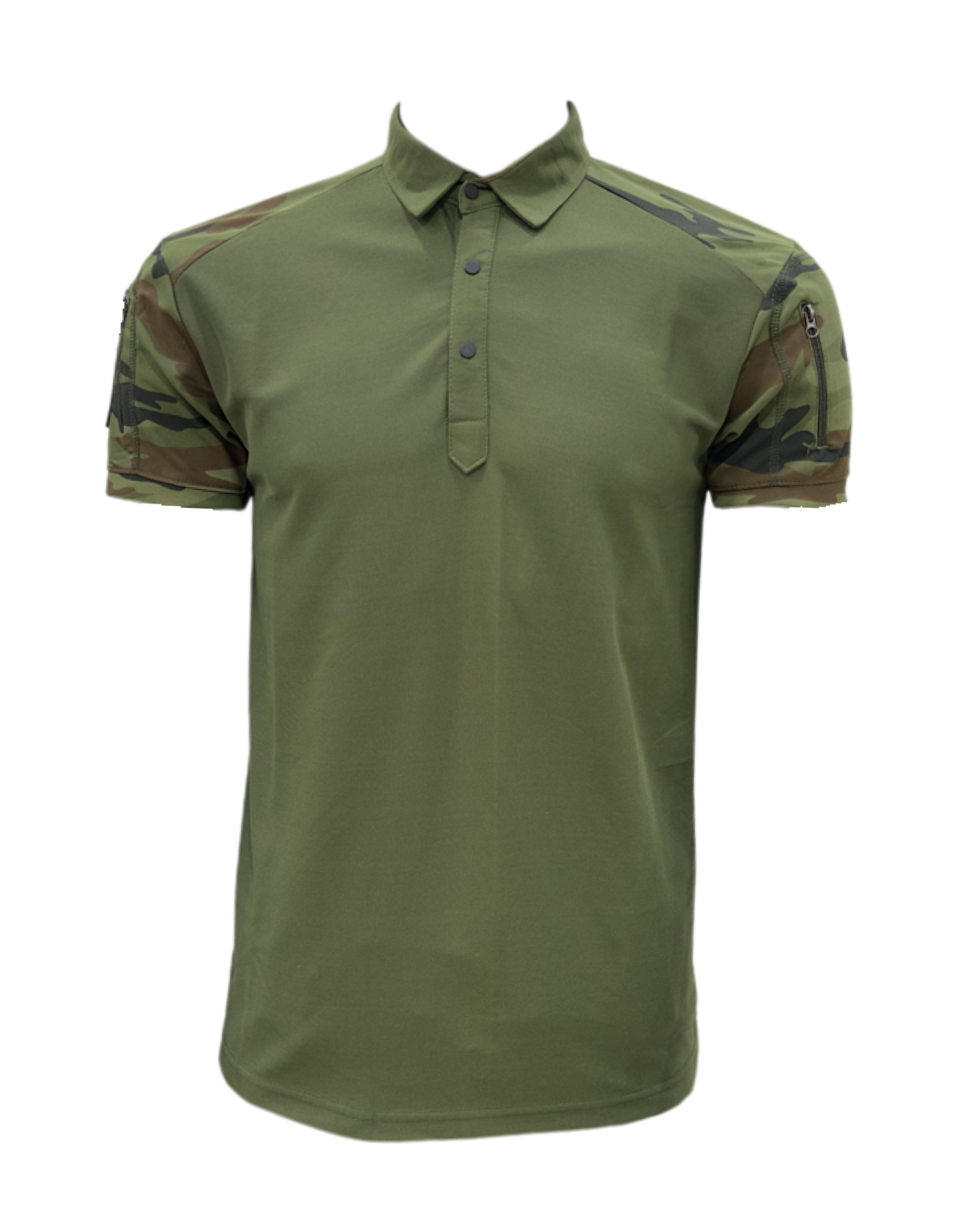 Adventure Hut URI Tactical Olive Green Polo T-Shirt with Camo Sleeves & Zipper Pockets