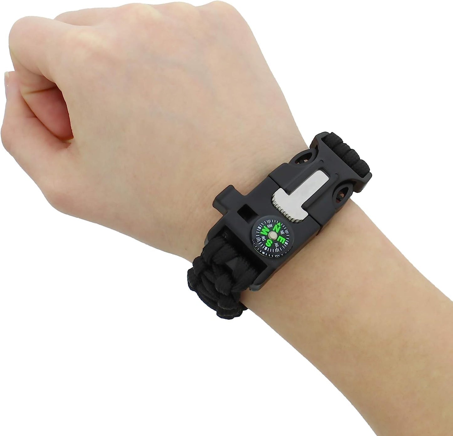 Survival Paracord Whistle Hiking Compass Camping Fire Starter Kit Bracelet (Black)