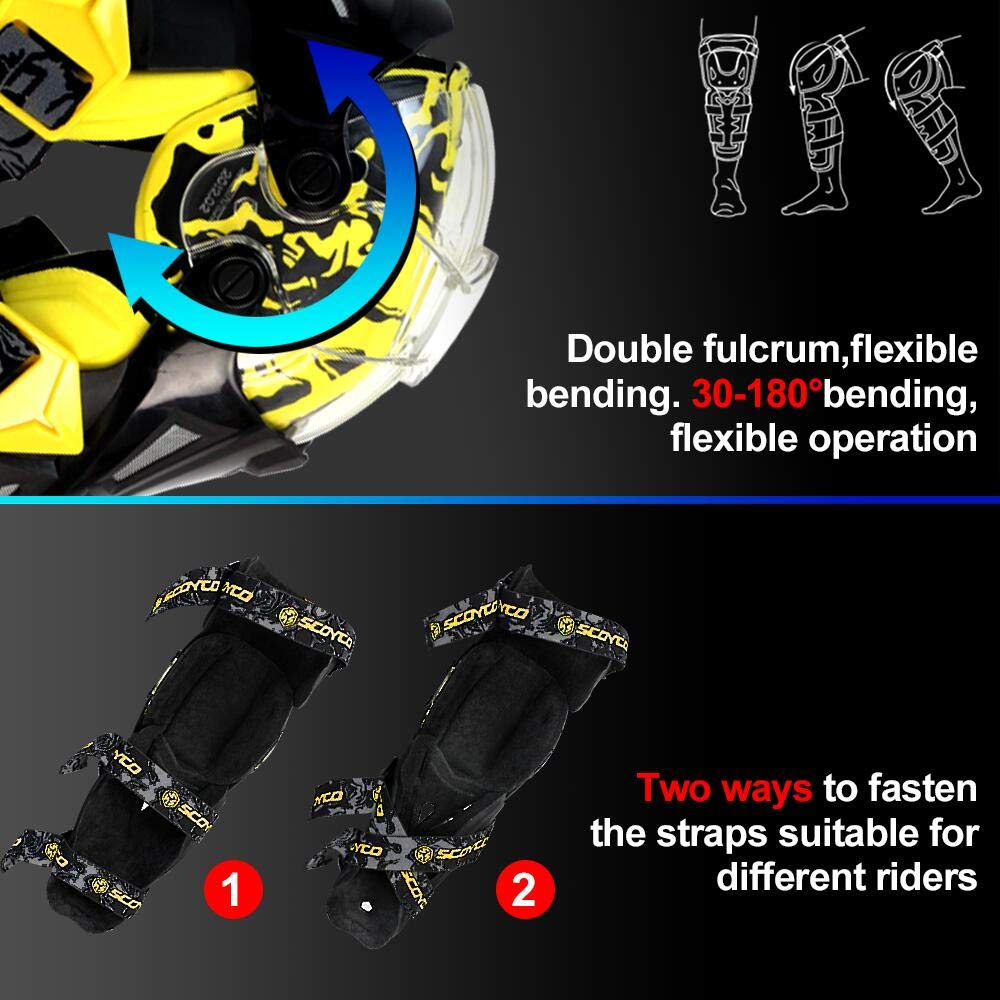SCOYCO-K12 Adjustable Knee Shin Guard (Black and Yellow) Freesize,Set of 2