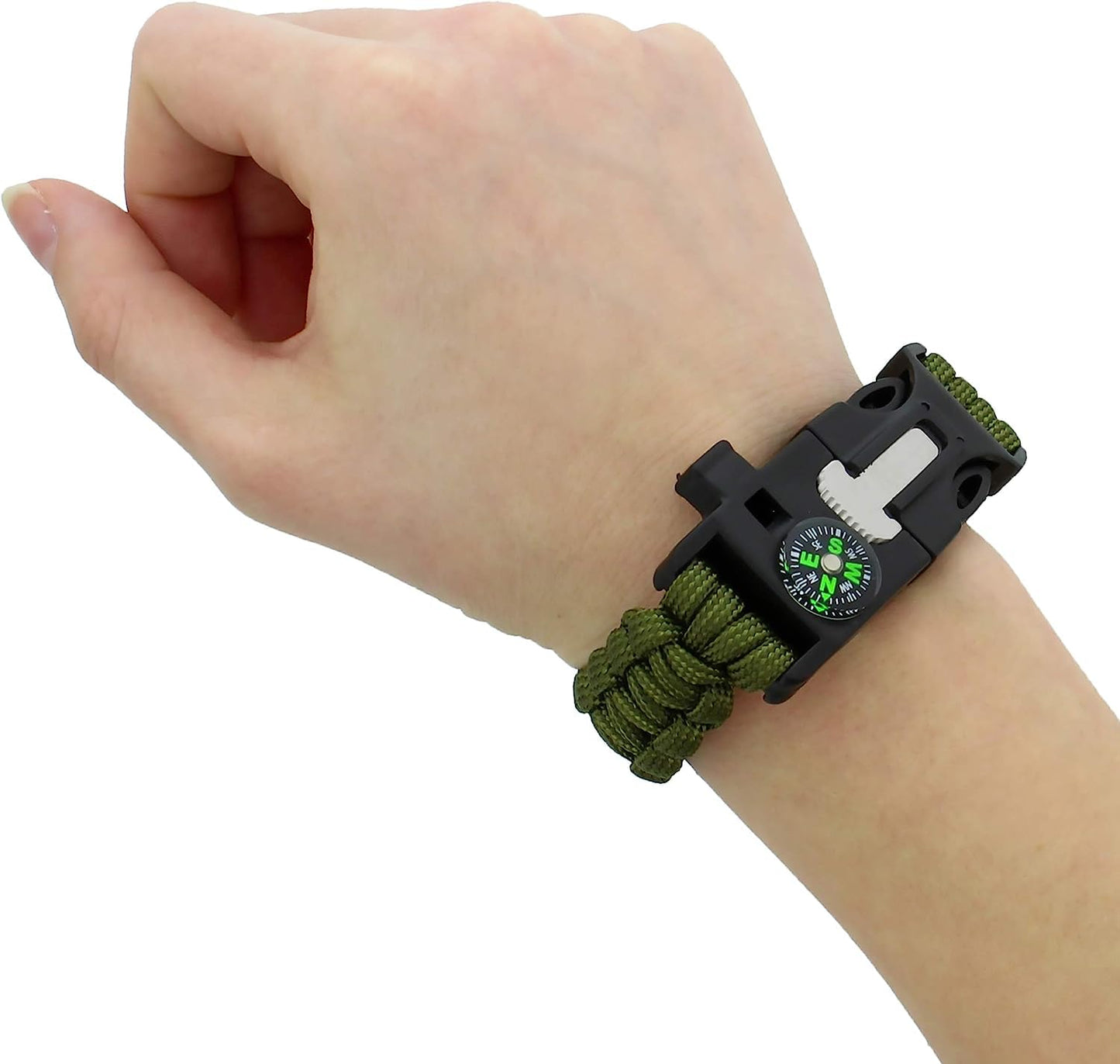Survival Paracord Whistle Hiking Compass Camping Fire Starter Kit Bracelet (Green)