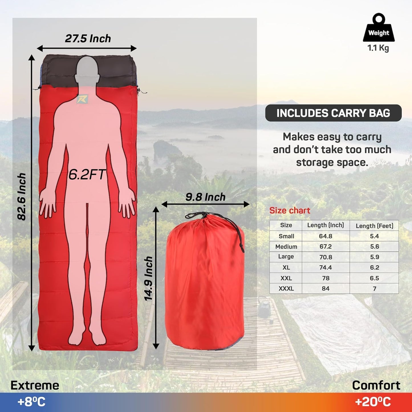 Sleeping Bag Camp Lite +8°C + 20°C (Red - Grey) - The Adventure Hut