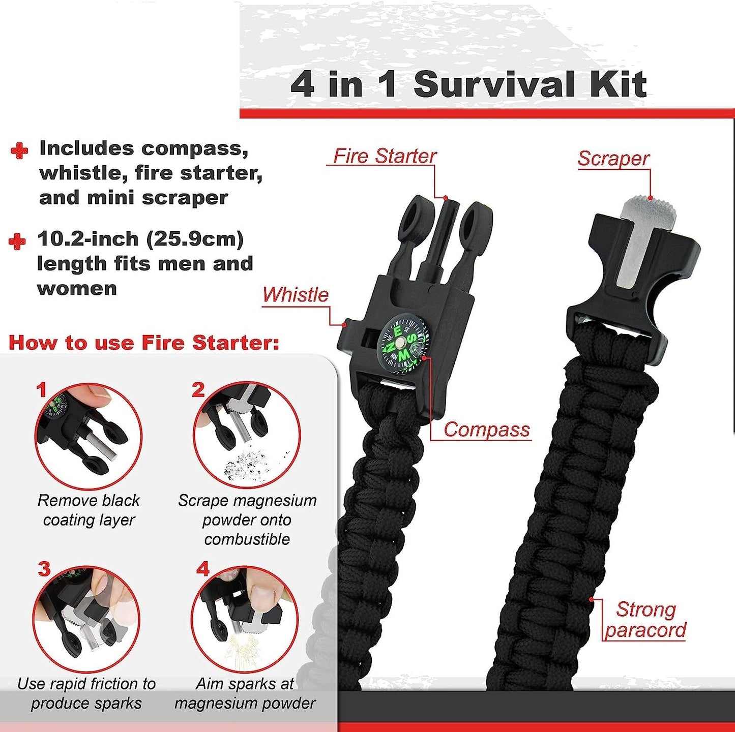 Survival Paracord Whistle Hiking Compass Camping Fire Starter Kit Bracelet (Black)