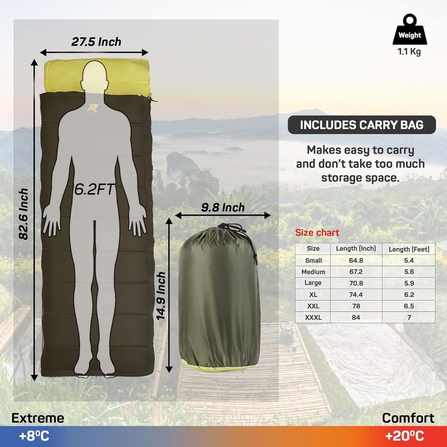 Sleeping Bag Camp Lite +8°C + 20°C (Yellow - Army Green) - The Adventure Hut