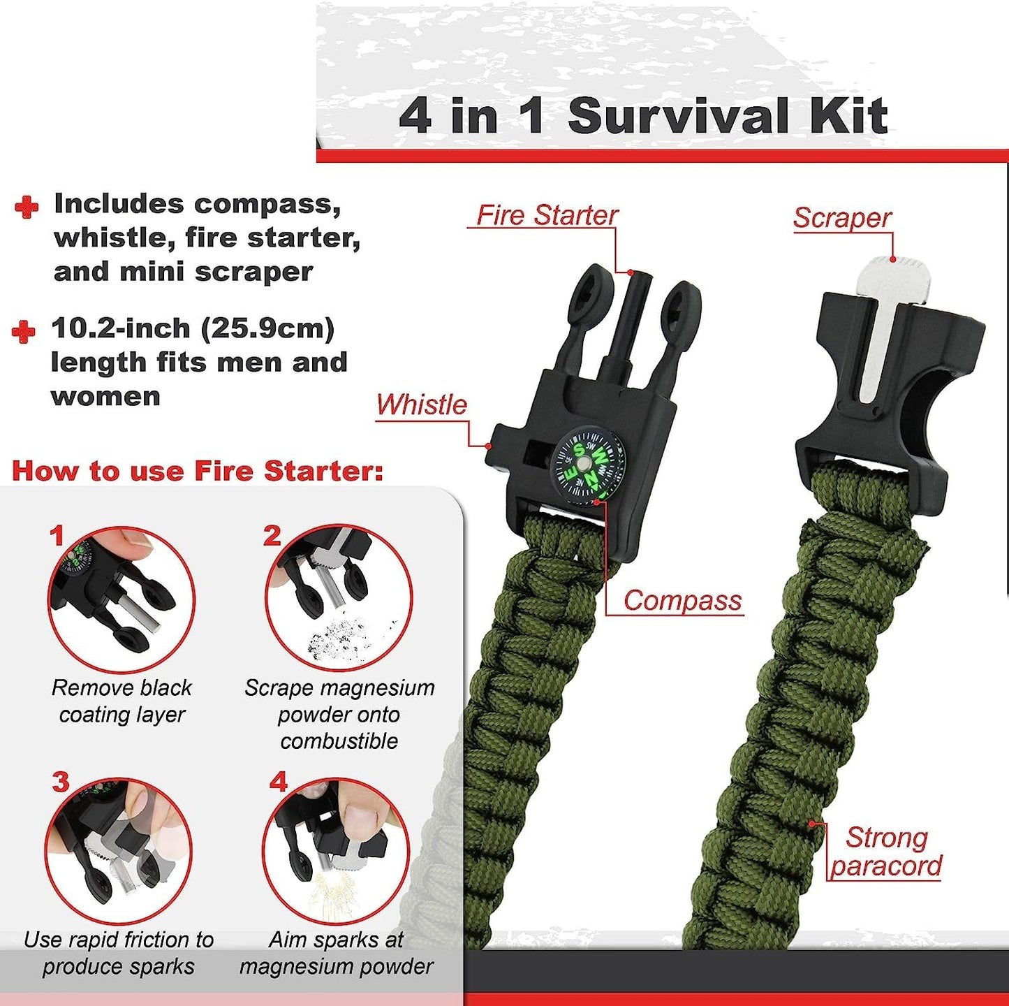 Survival Paracord Whistle Hiking Compass Camping Fire Starter Kit Bracelet (Green)