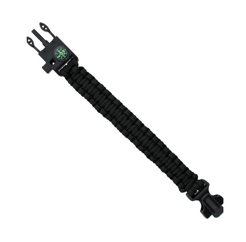 Survival Paracord Whistle Hiking Compass Camping Fire Starter Kit Bracelet (Black)