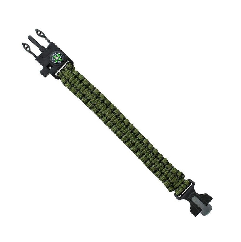 Survival Paracord Whistle Hiking Compass Camping Fire Starter Kit Bracelet (Green)