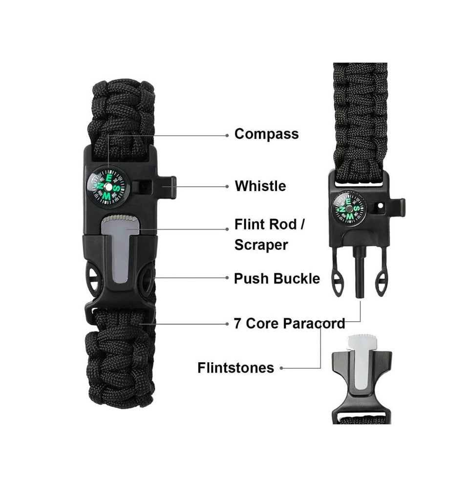 Survival Paracord Whistle Hiking Compass Camping Fire Starter Kit Bracelet (Black)