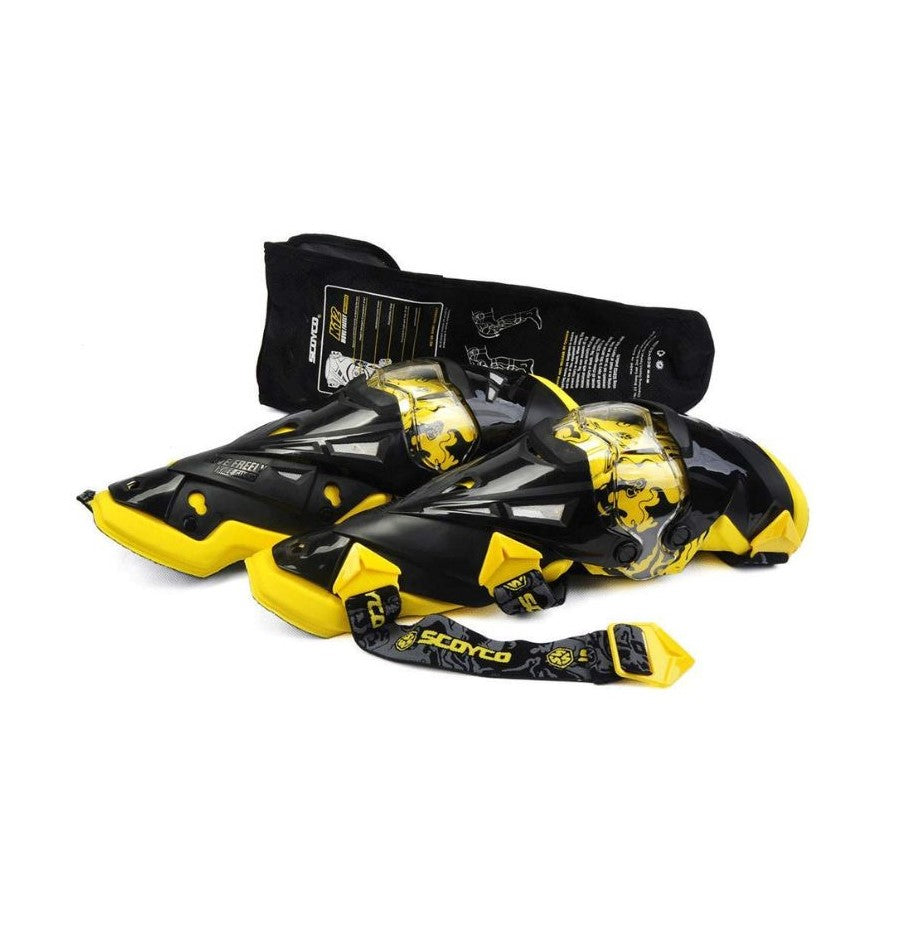 SCOYCO-K12 Adjustable Knee Shin Guard (Black and Yellow) Freesize,Set of 2