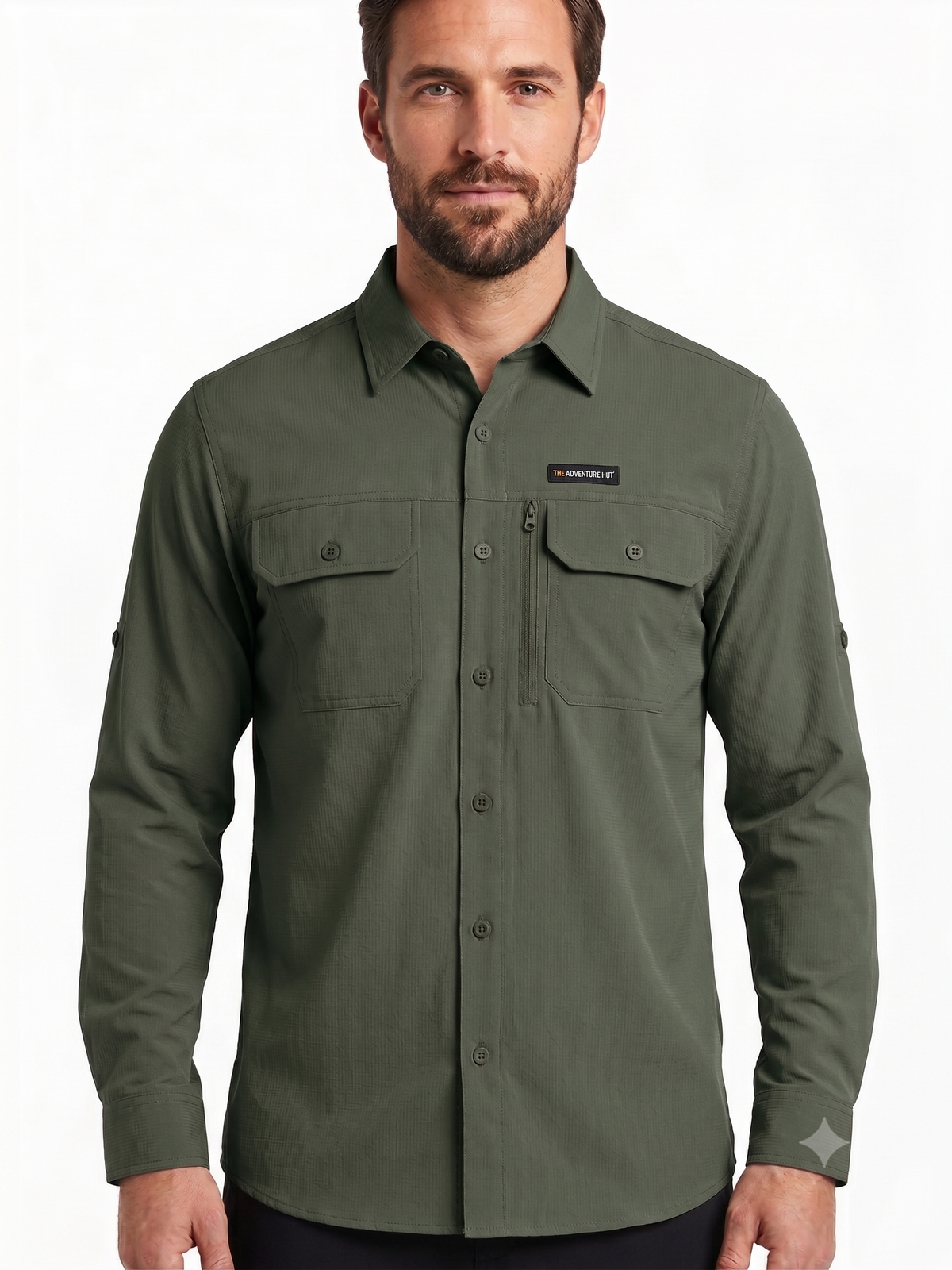 Men's AeroFlex Cargo Shirt in Dark Green, a quick-dry outdoor shirt for trekking and wildlife safaris in India