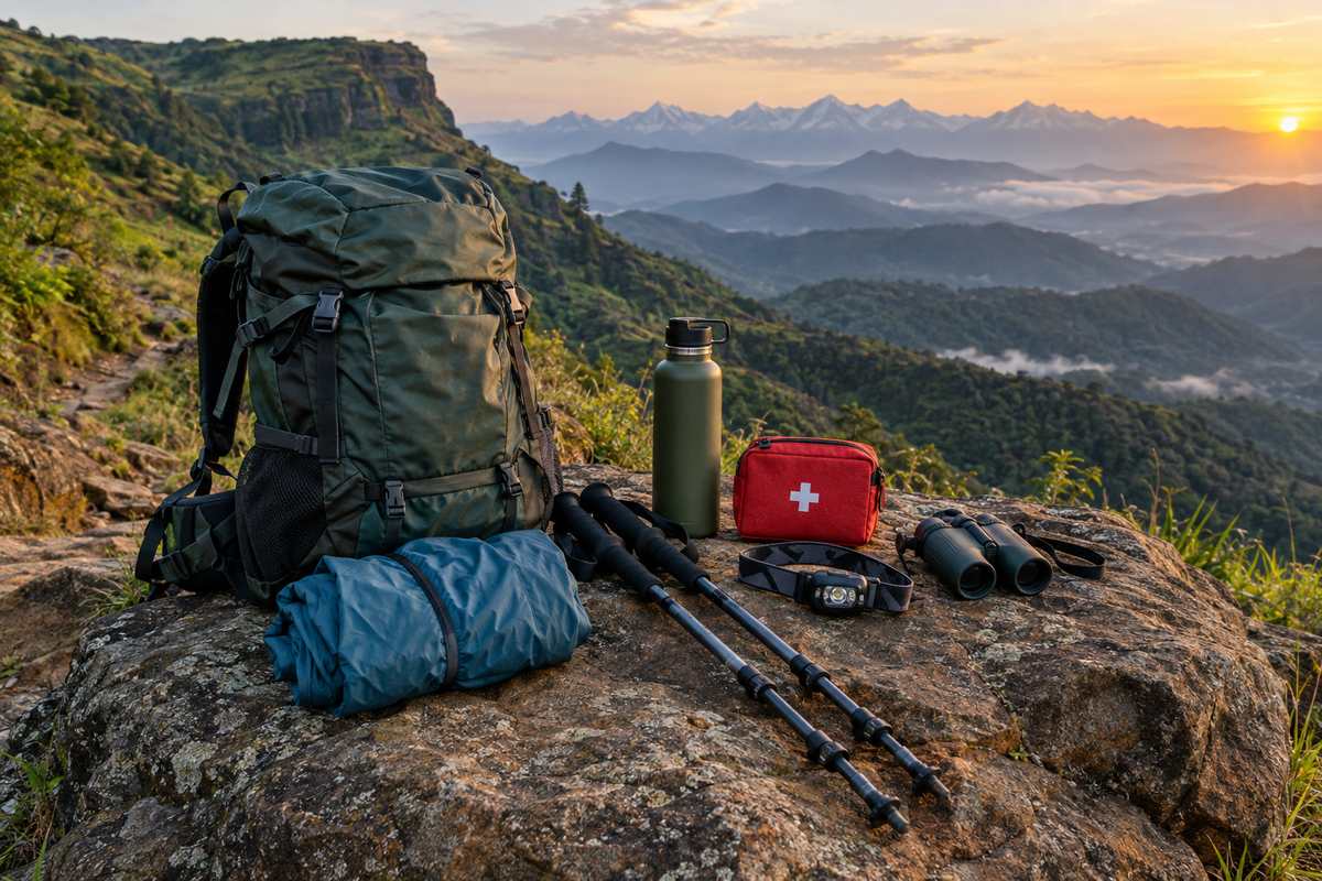 Trekking backpack and essential gear on a mountain trail at sunrise