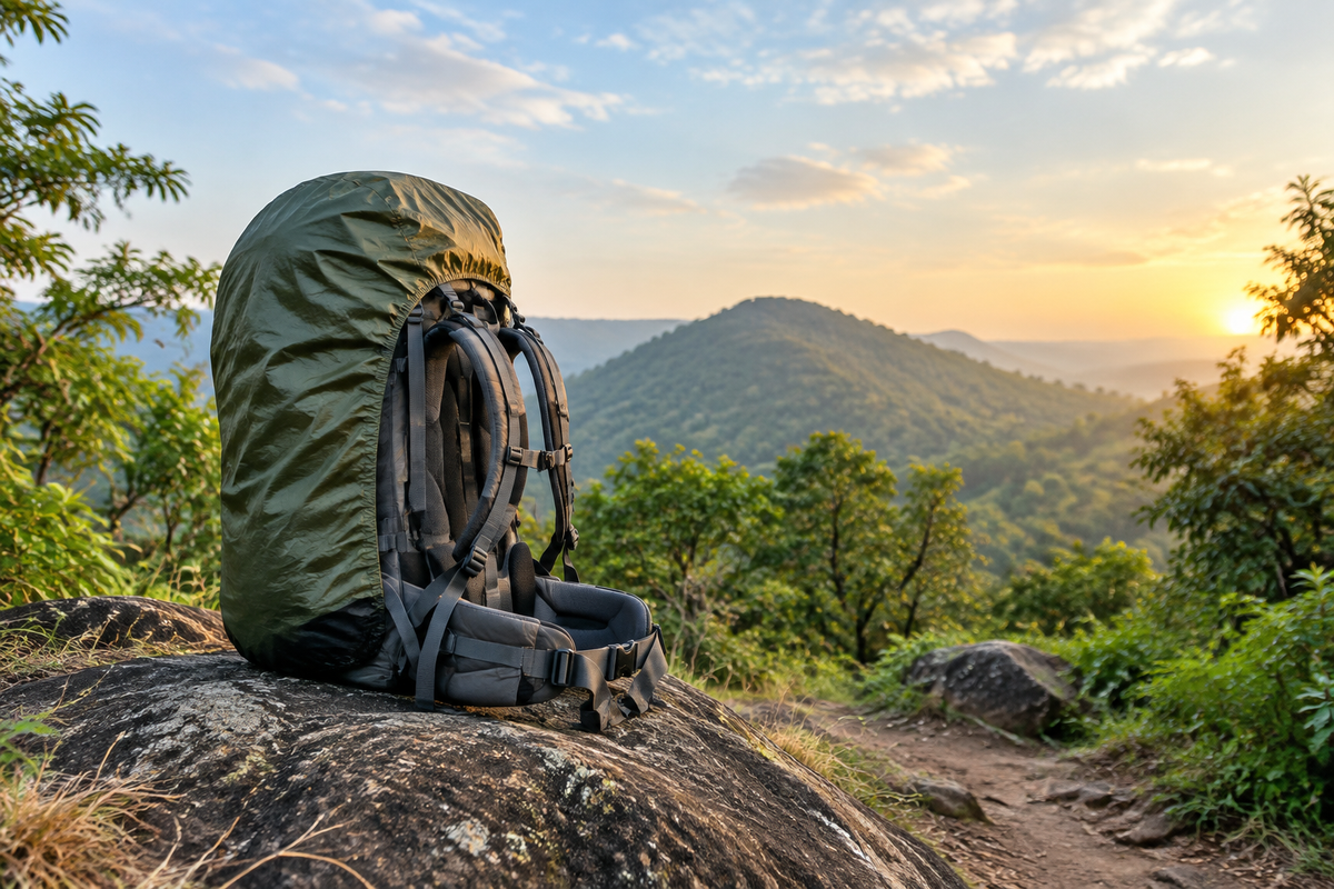 Trekking backpack set on a forest trail near Nagpur, illustrating Tripole rucksacks available at The Adventure Hut
