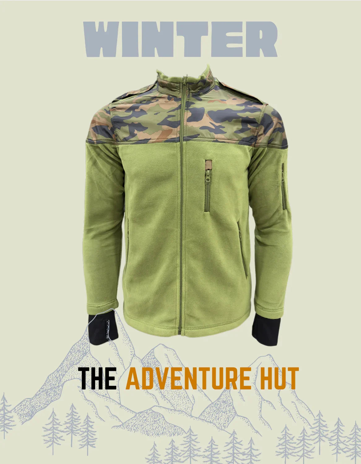 Adventure Hut Tactical Light Olive & Camo Winter Fleece Jacket | Para-Fabric Shoulder Panels with Utility Pockets