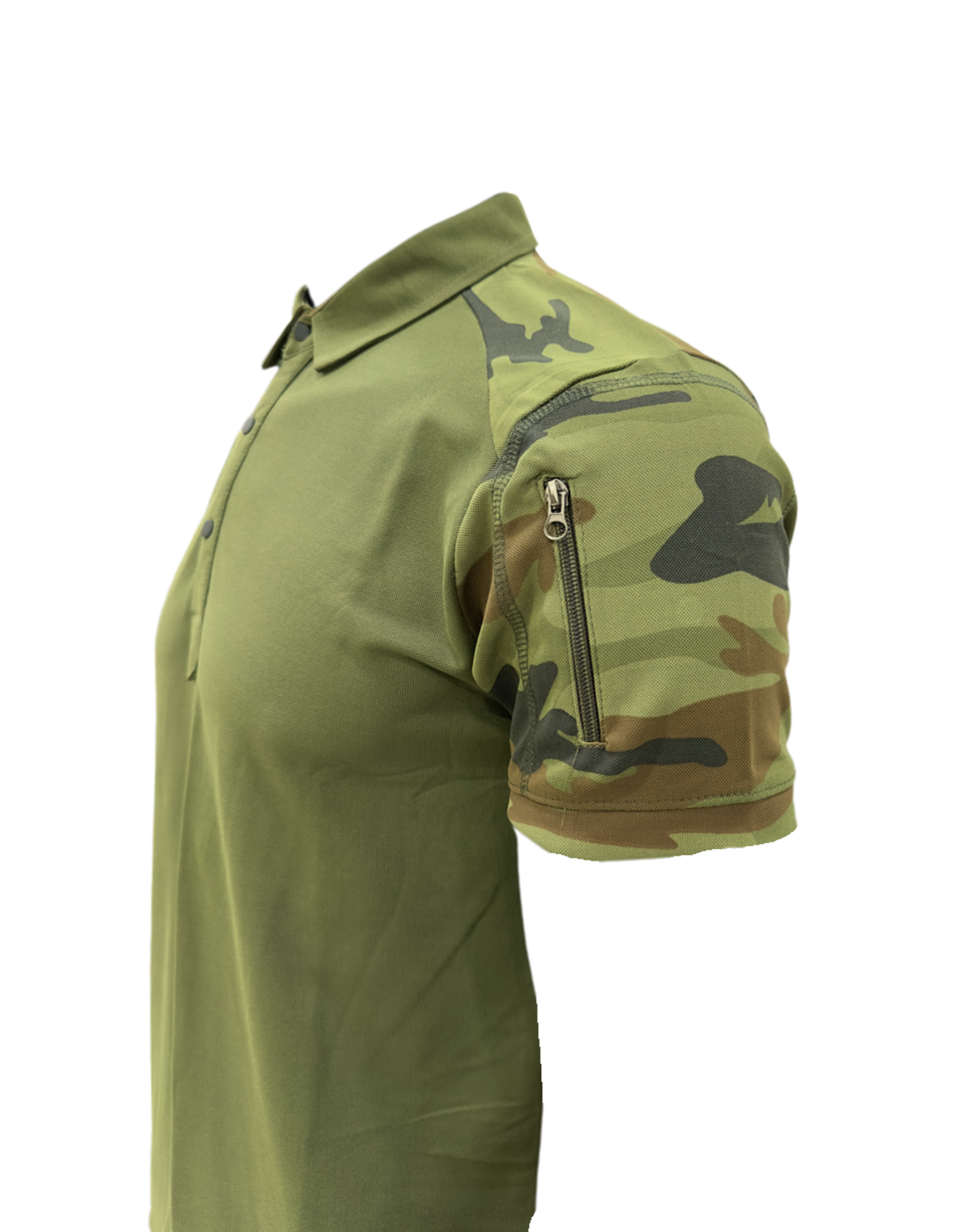 Adventure Hut URI Tactical Olive Green Polo T-Shirt with Camo Sleeves & Zipper Pockets