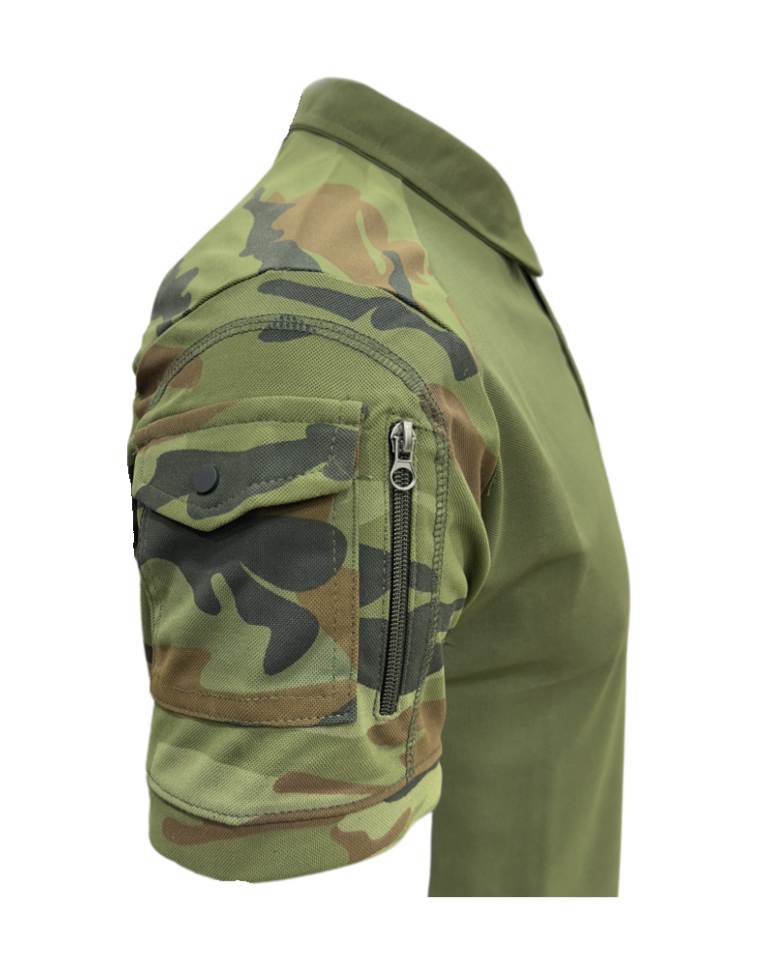 Adventure Hut URI Tactical Olive Green Polo T-Shirt with Camo Sleeves & Zipper Pockets