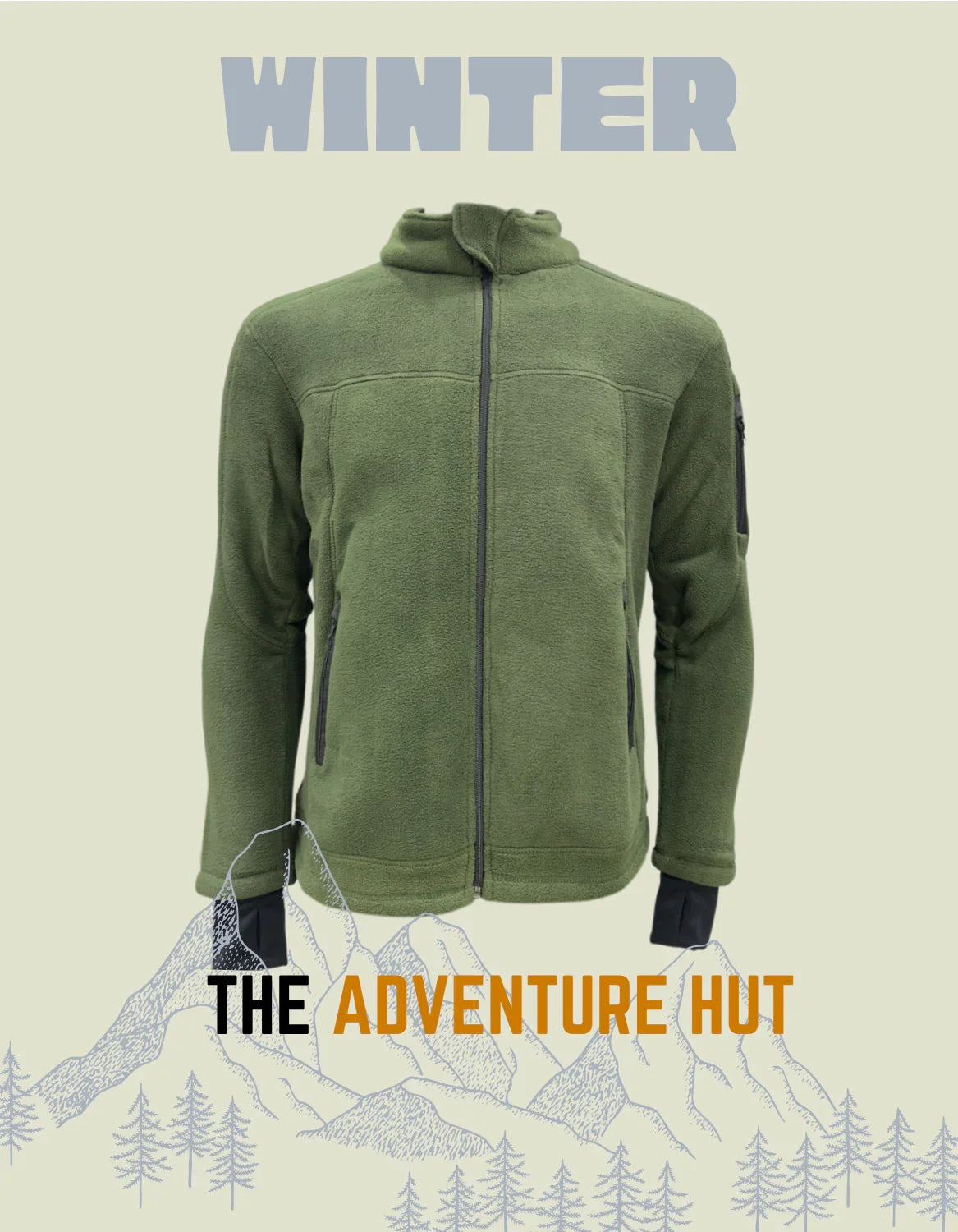 Adventure Hut Tactical Dark Olive Fleece Winter Jacket | Warm Full-Zip Outdoor Wear with Arm Pocket & Thumb Loop