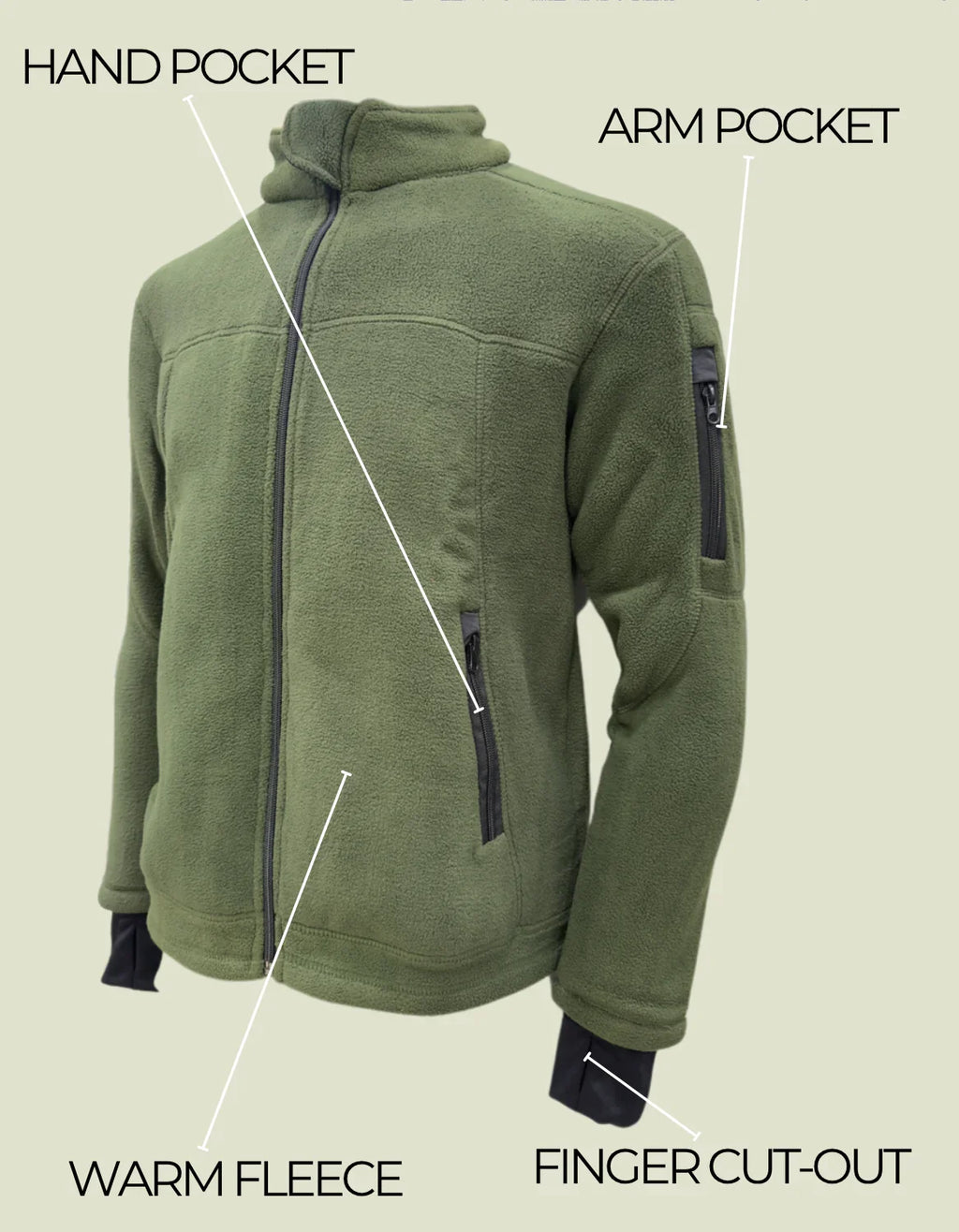 Adventure Hut Tactical Dark Olive Fleece Winter Jacket | Warm Full-Zip Outdoor Wear with Arm Pocket & Thumb Loop