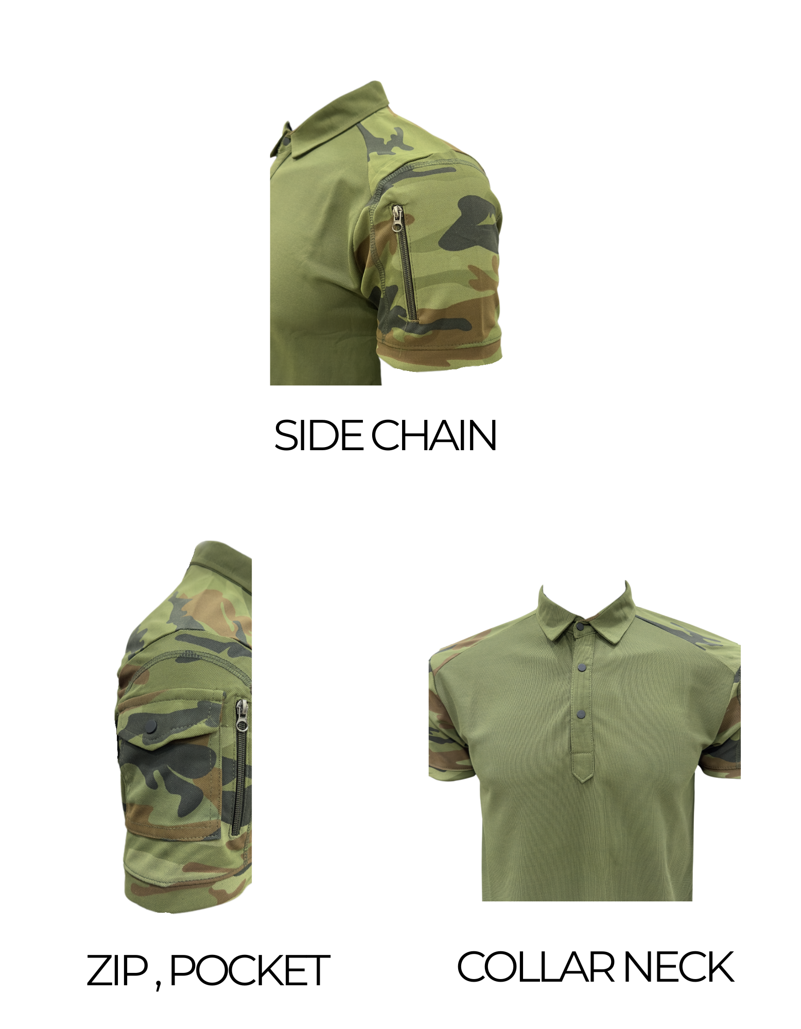 Adventure Hut URI Tactical Olive Green Polo T-Shirt with Camo Sleeves & Zipper Pockets