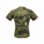 Camouflage-patterned t-shirt on a white background