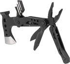 Black multi-tool with various components on a white background