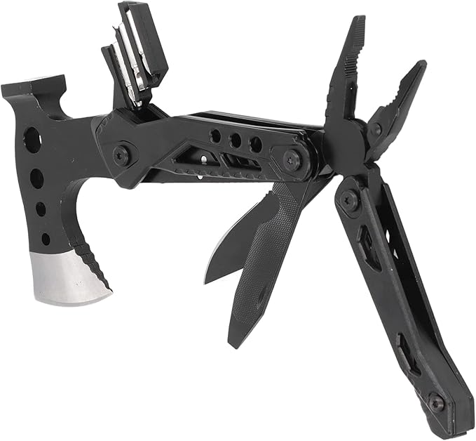 Black multi-tool with various components on a white background