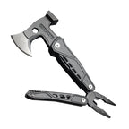 Multi-tool with axe head and pliers on a white background