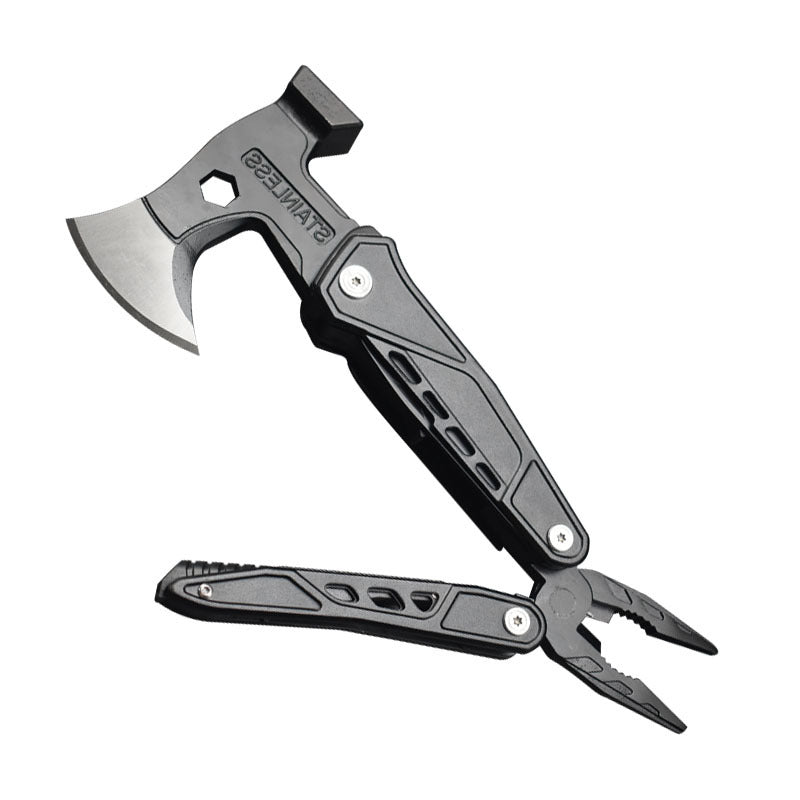 Multi-tool with axe head and pliers on a white background
