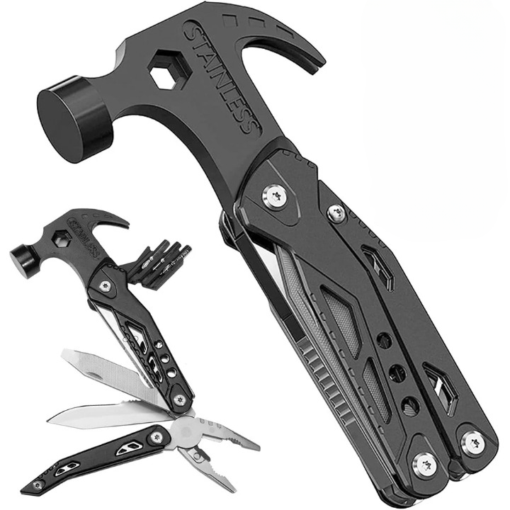 Multitool with hammer head and blade on a white background