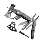 Multitool with axe head, pliers, and other tools on a white background