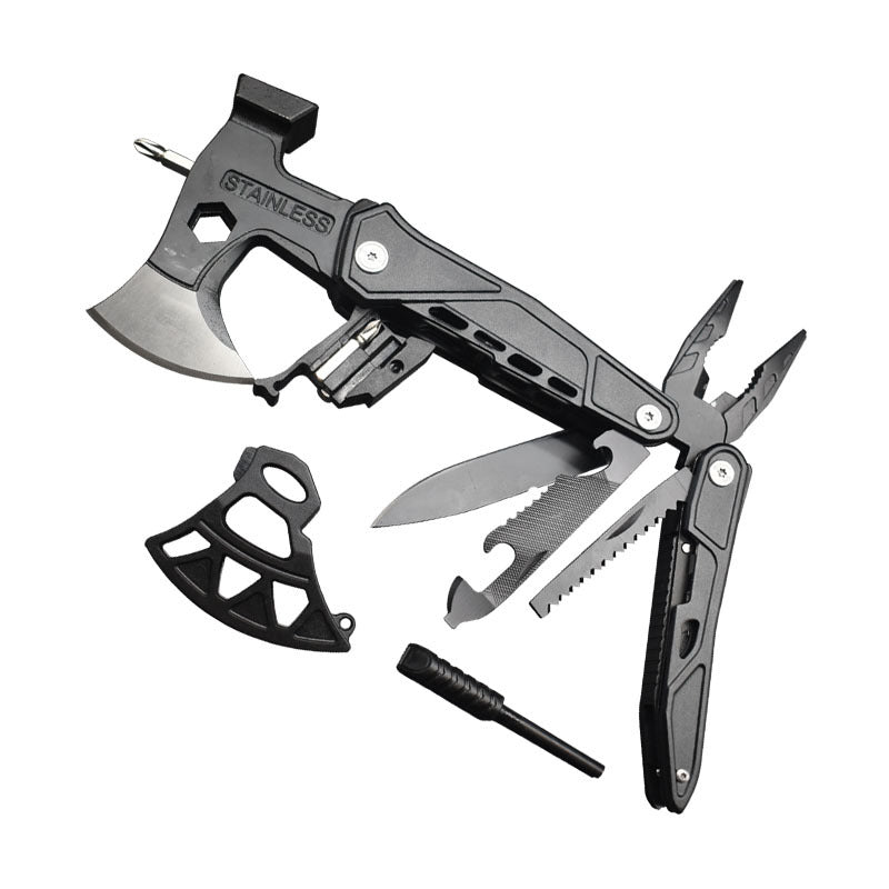 Multitool with axe head, pliers, and other tools on a white background