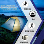 Illuminated camping tent outdoors at dusk, infographic highlighting hiking, DIY, running, reading.