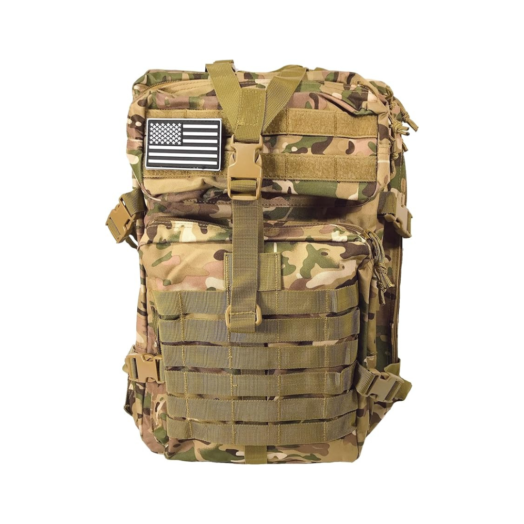 Camouflage backpack with American flag patch on a white background