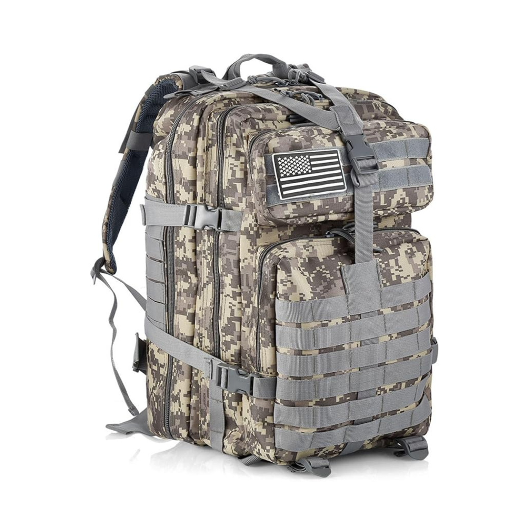 Camouflage backpack with American flag patch on a white background