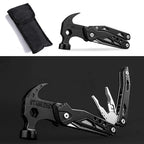 Multitool with hammer head and various tools on a white background