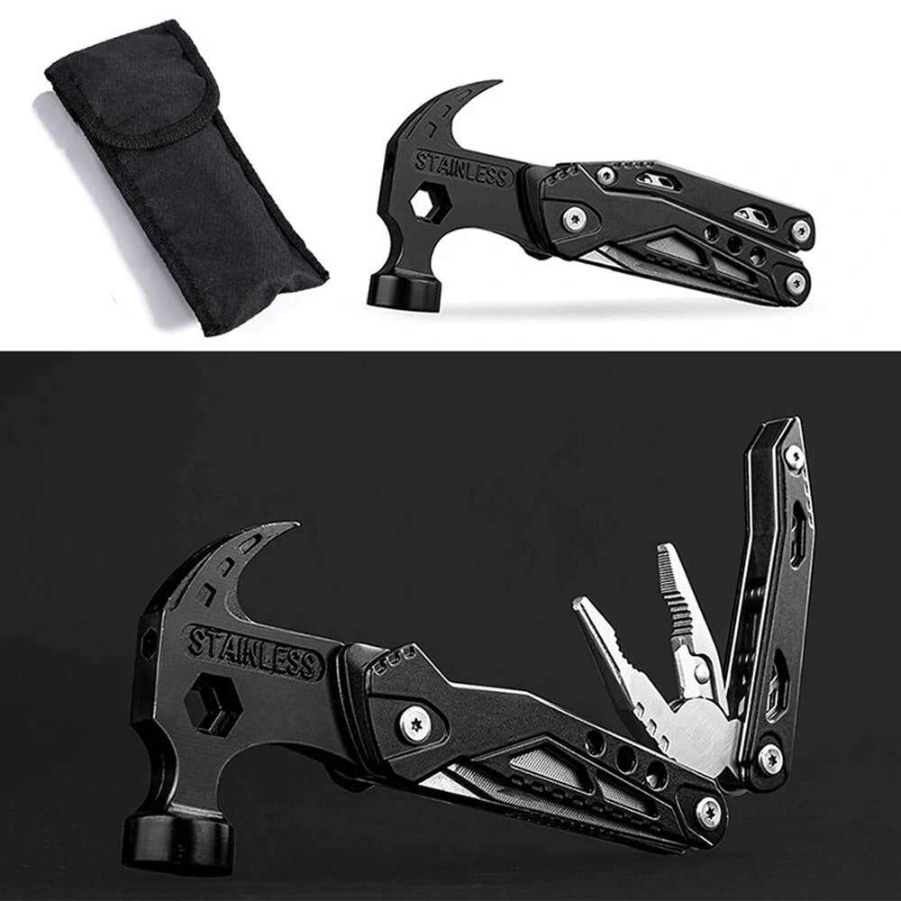 Multitool with hammer head and various tools on a white background