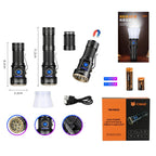 YEMAO flashlight with packaging, batteries, and accessories on a white background