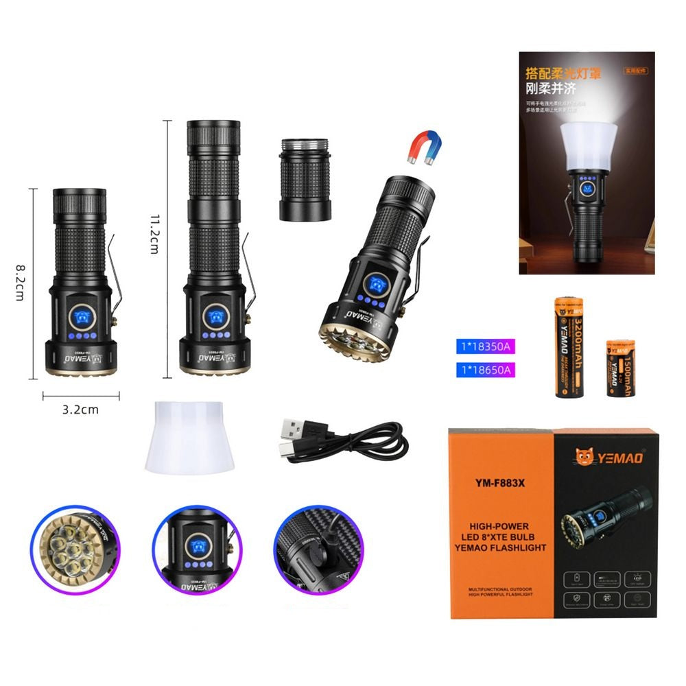 YEMAO flashlight with packaging, batteries, and accessories on a white background