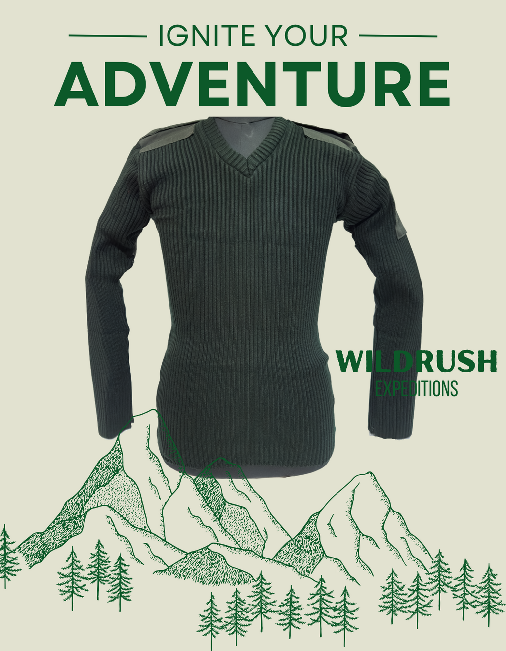 ADVENTURE HUT Army Green NCC Woolen Sweater – V-Neck, Shoulder & Elbow Patch Pullover