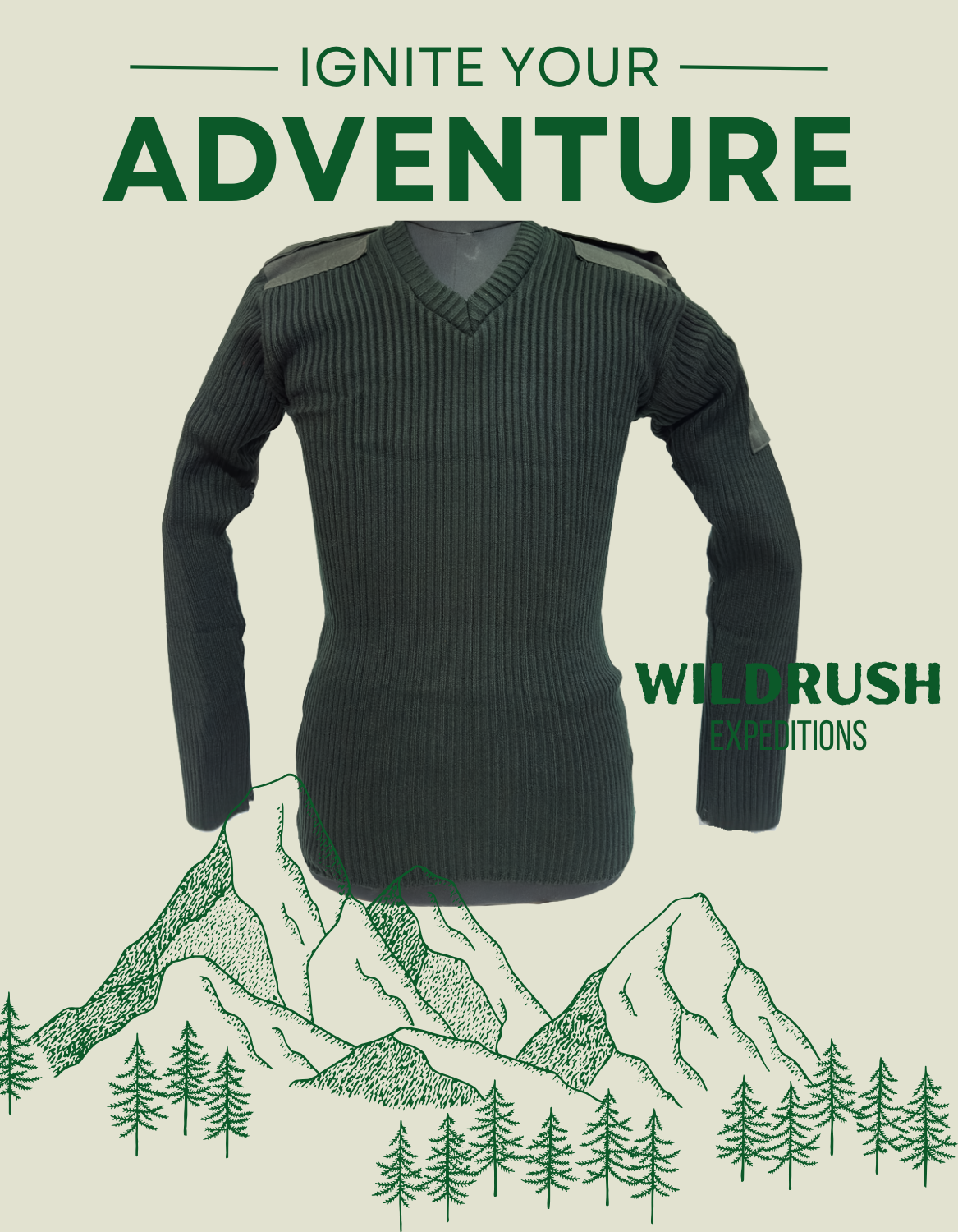 ADVENTURE HUT Army Green NCC Woolen Sweater – V-Neck, Shoulder & Elbow Patch Pullover