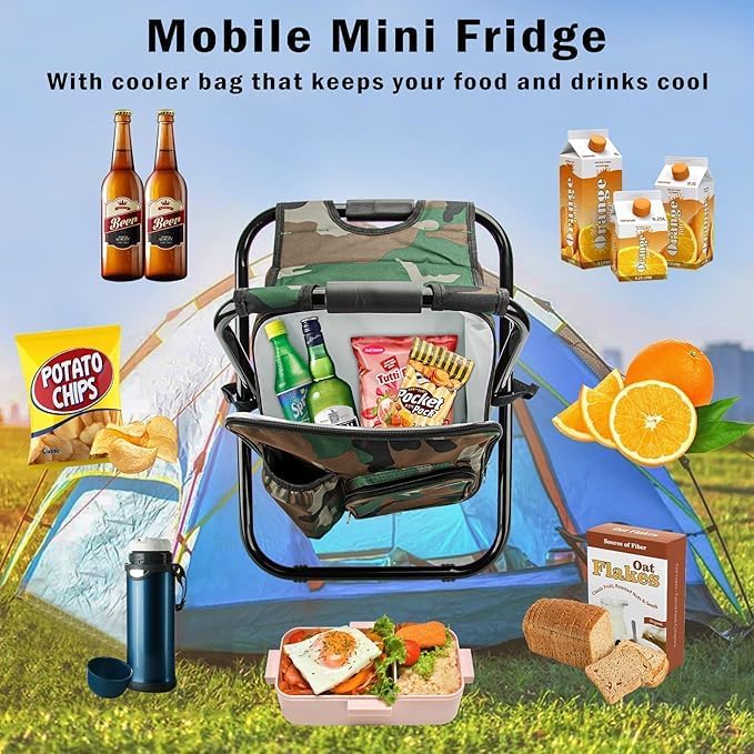 Folding Camping Stool with Built-in Cooler Bag – Portable Camouflage Chair with Storage for Fishing, Hiking, Picnic & Outdoor Adventures