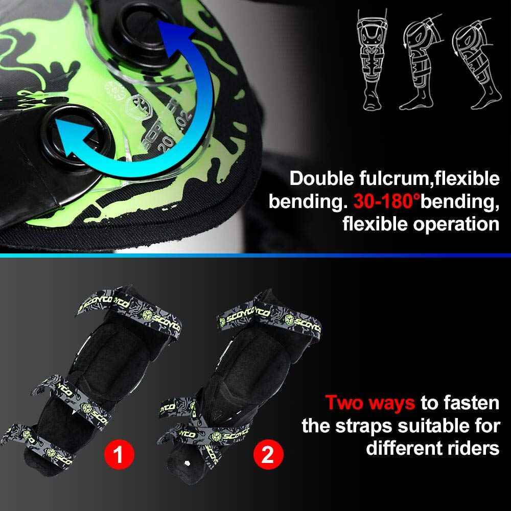 SCOYCO-K12 Adjustable Knee Shin Guard (Black and Green) Freesize ,Set of 2 - The Adventure Hut