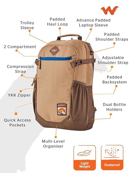 Wildcraft Cargo Pack 30 Plus Backpack (13487-KHAKI) - The Adventure Hut