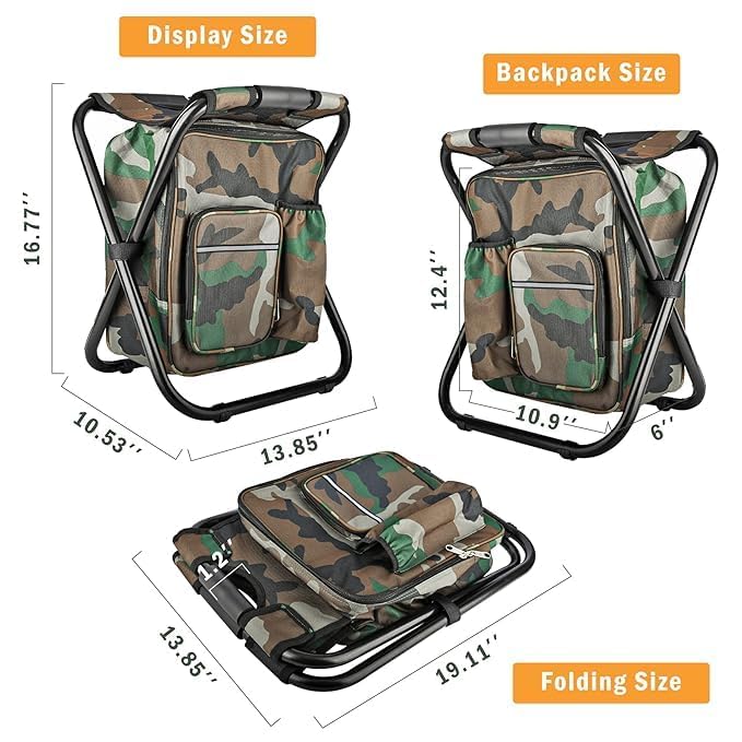 Folding Camping Stool with Built-in Cooler Bag – Portable Camouflage Chair with Storage for Fishing, Hiking, Picnic & Outdoor Adventures