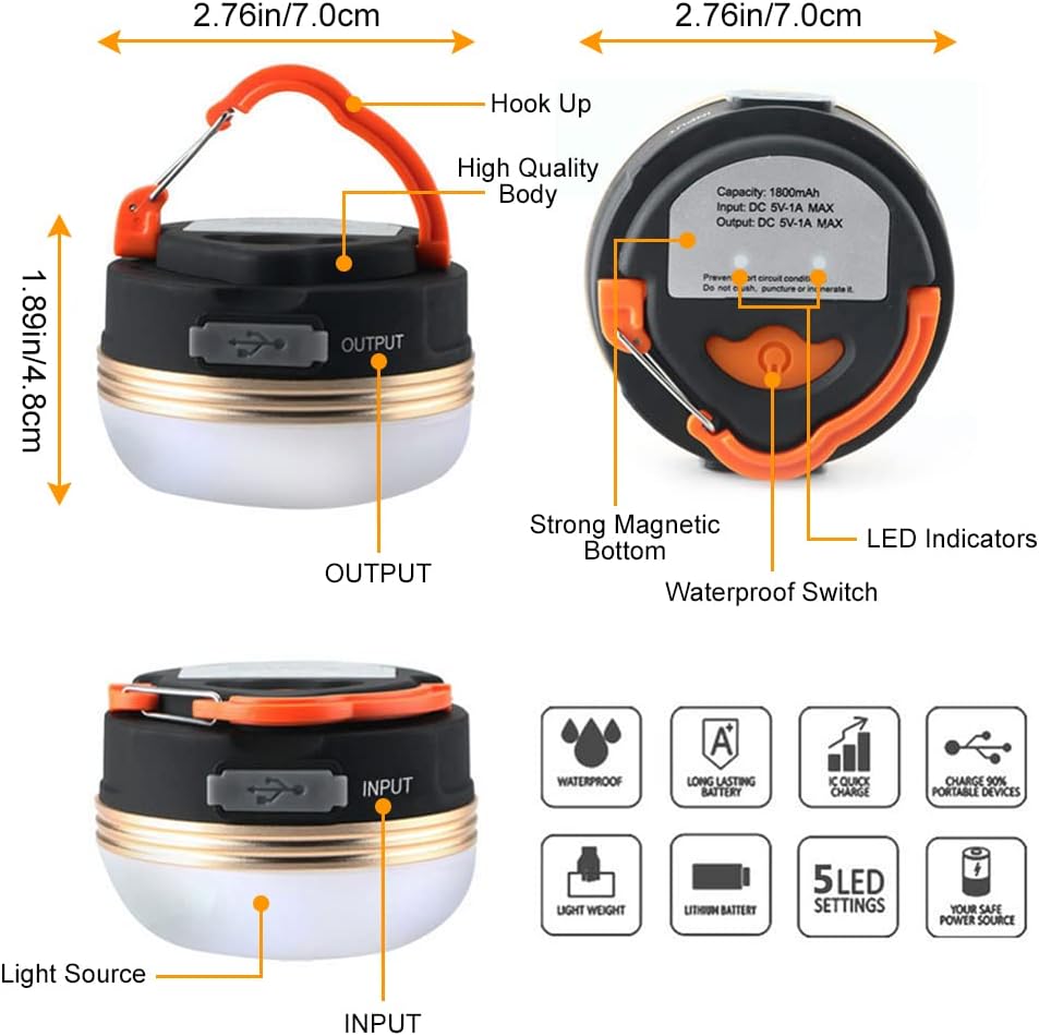 Adventure Hut Rechargeable LED Camping Lantern with 1800mAh Power Bank | Portable USB Tent Light with Hook for Hiking, Emergency & Outdoor Use