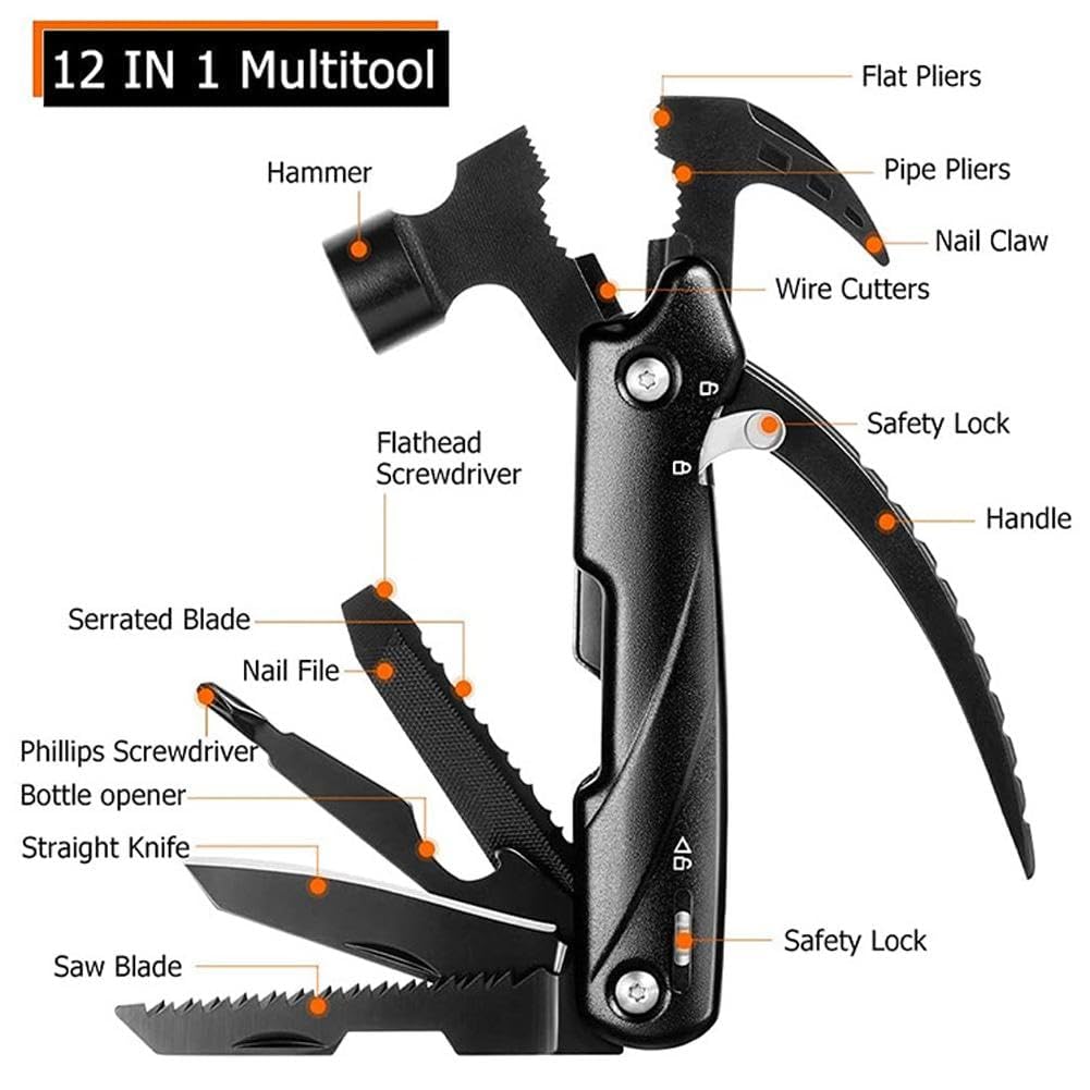 Stadash Multi Tool Hammer 12 in 1 Camping Gear Survival Tools Mini Hammer with Pliers, Bottle Opener, Screwdriver, Claw Hammer, Pocket Multi-Functional Gadget for Men, Outdoor Hiking Tool