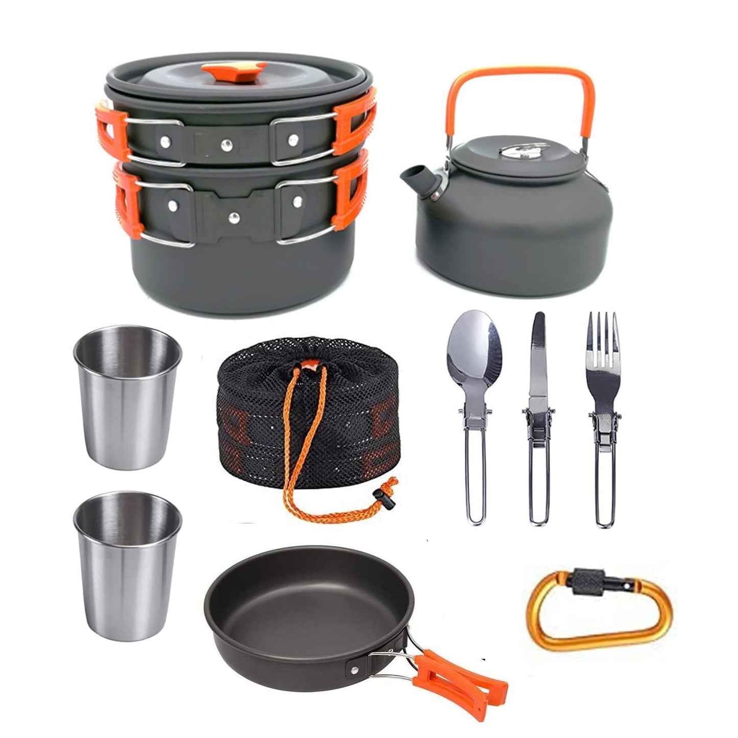 Linist Camping Cookware Mess Kit Campfire Kettle Outdoor Hiking Backpacking Picnic Cooking Pot Pan Bowl, Mini Stove, Stainless Steel Cup,Spoon Set for 2 to 3 Person