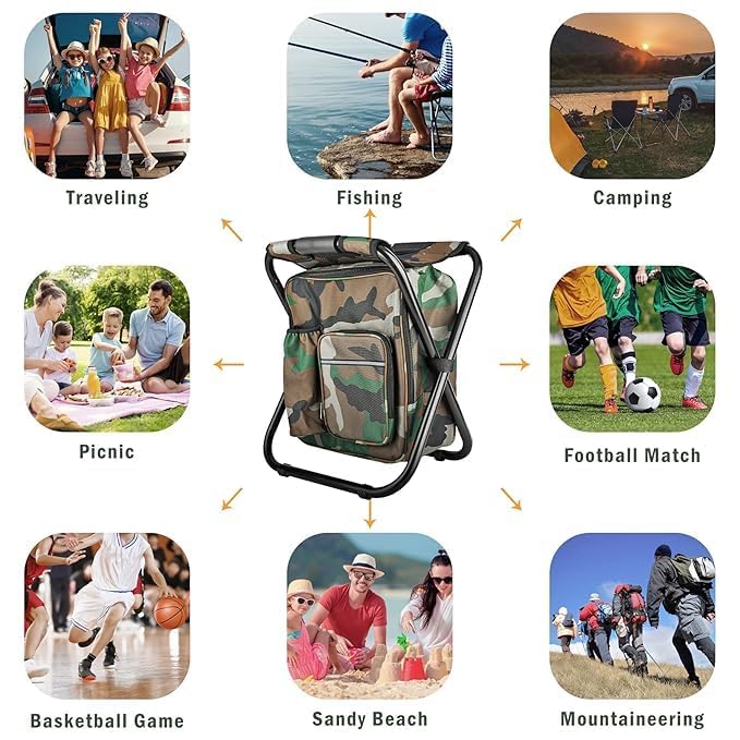 Folding Camping Stool with Built-in Cooler Bag – Portable Camouflage Chair with Storage for Fishing, Hiking, Picnic & Outdoor Adventures