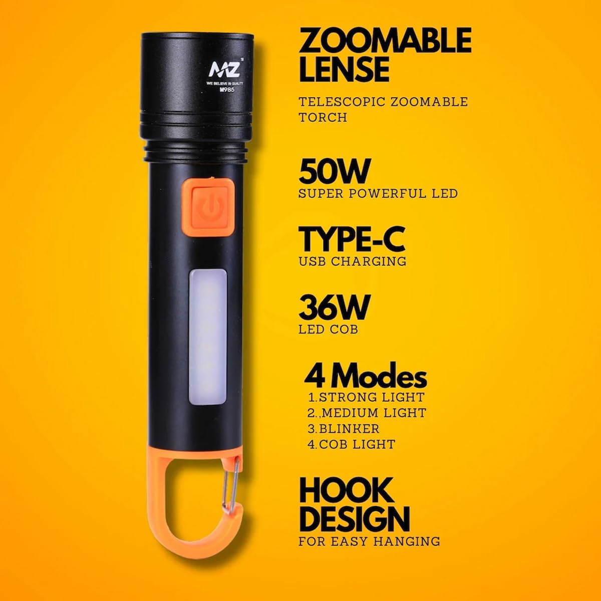 Rechargeable LED Flashlight with Zoom,Type-C Charging, Hook for Hanging for Camping, Hiking, Emergency Use