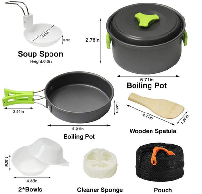 Cluemart Camping kichen Accessories for Outdoor Mess Kit,Cooking Equipment 10 Piece Cookset | Lightweight, Compact, Durable Pot Pan Bowls with Free Folding Spork and Nylon Bag (for 1-2 Person)