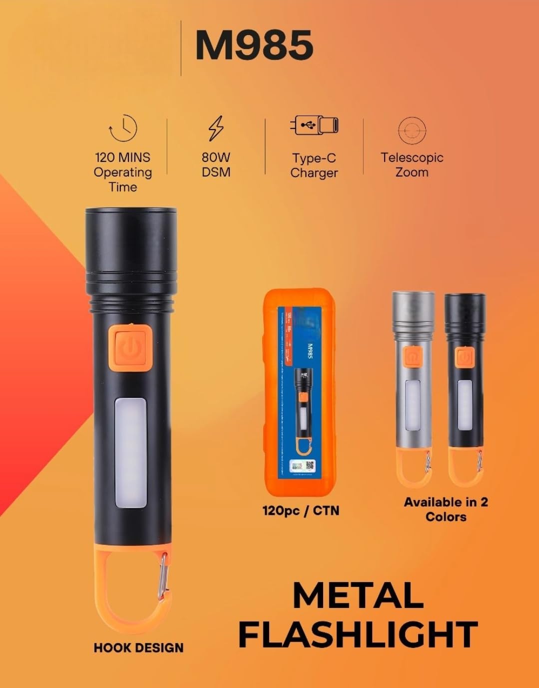 Outdoor Trekking & Emergency Use Led Portable Torch (Type C Rechargeable)