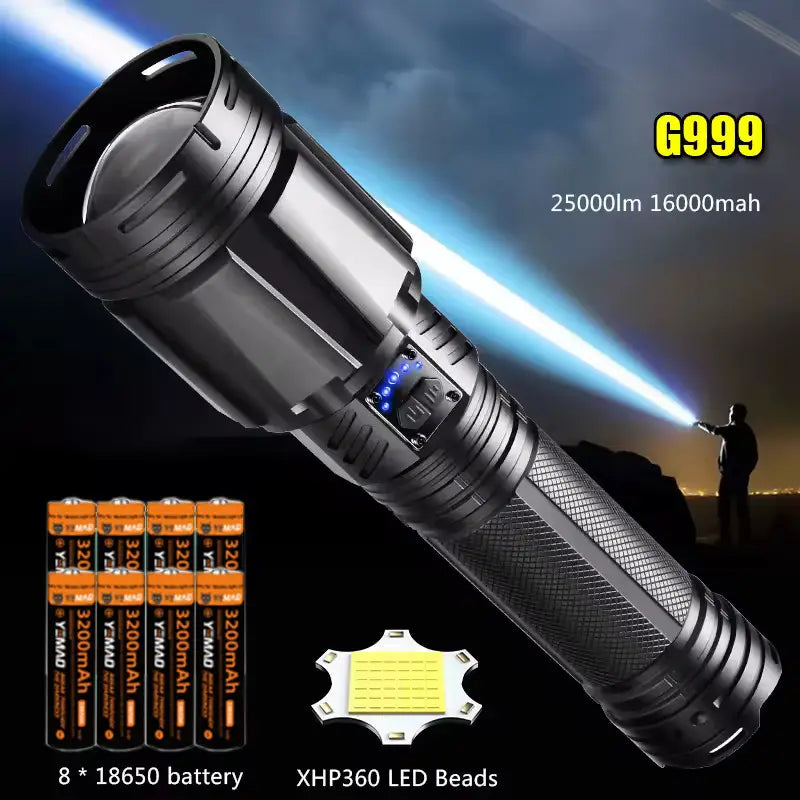 YEMAO YM-G999-60W Tactical Flashlight - 15000LM XHP360 LED with 8x18650 Batteries & Type-C Charging